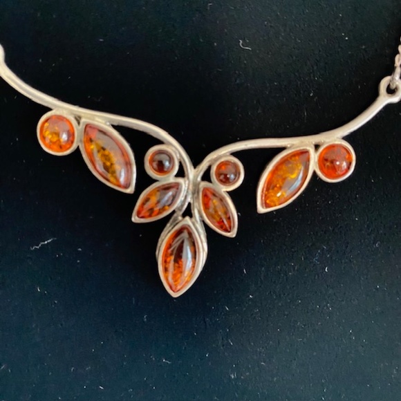 Sterling Silver and Cognac Amber Cabochons Bib Lavaliere Necklace - Picture 2 of 9
